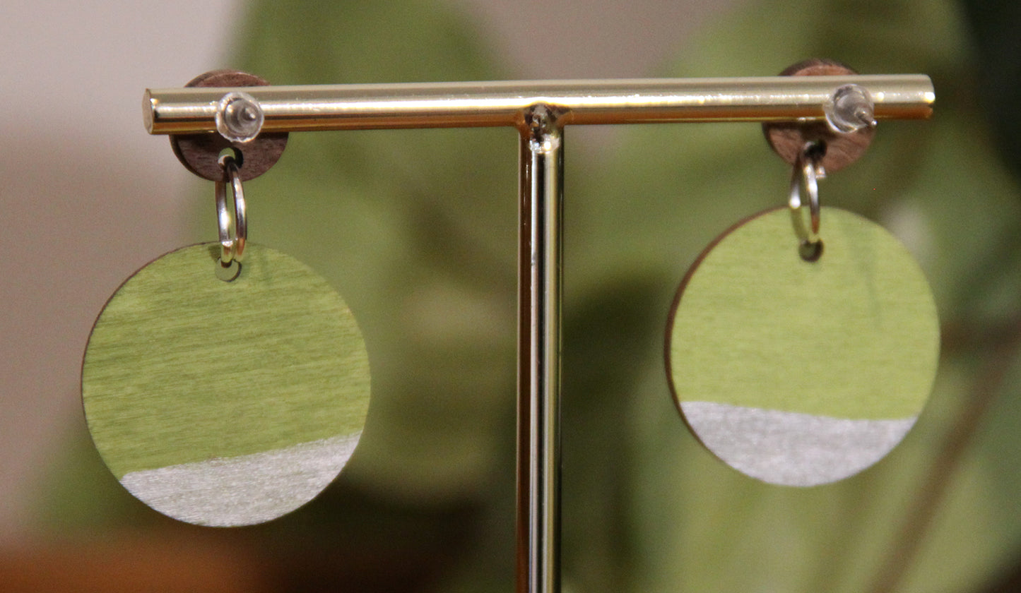 Lime Green and Silver Burnt Geometric Circular Earrings
