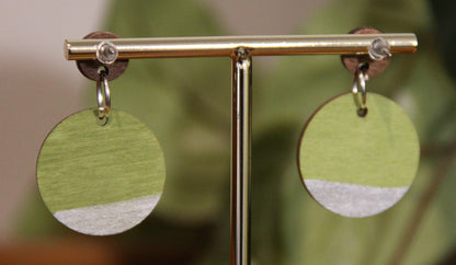 Lime Green and Silver Burnt Geometric Circular Earrings