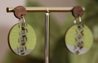 Lime Green and Silver Burnt Geometric Circular Earrings