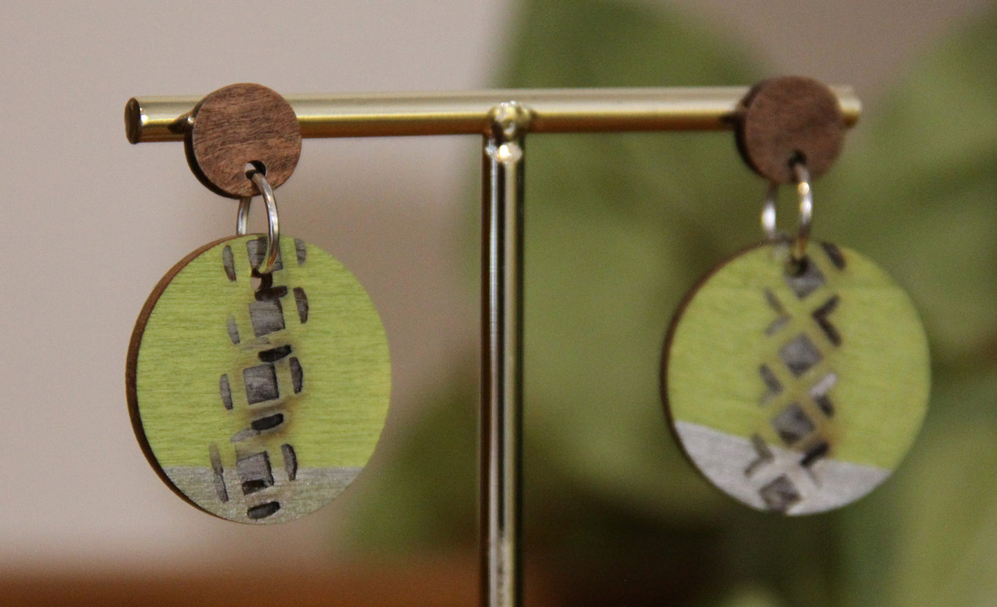 Lime Green and Silver Burnt Geometric Circular Earrings