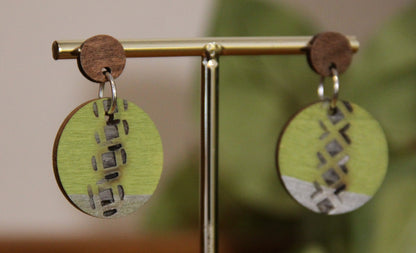 Lime Green and Silver Burnt Geometric Circular Earrings