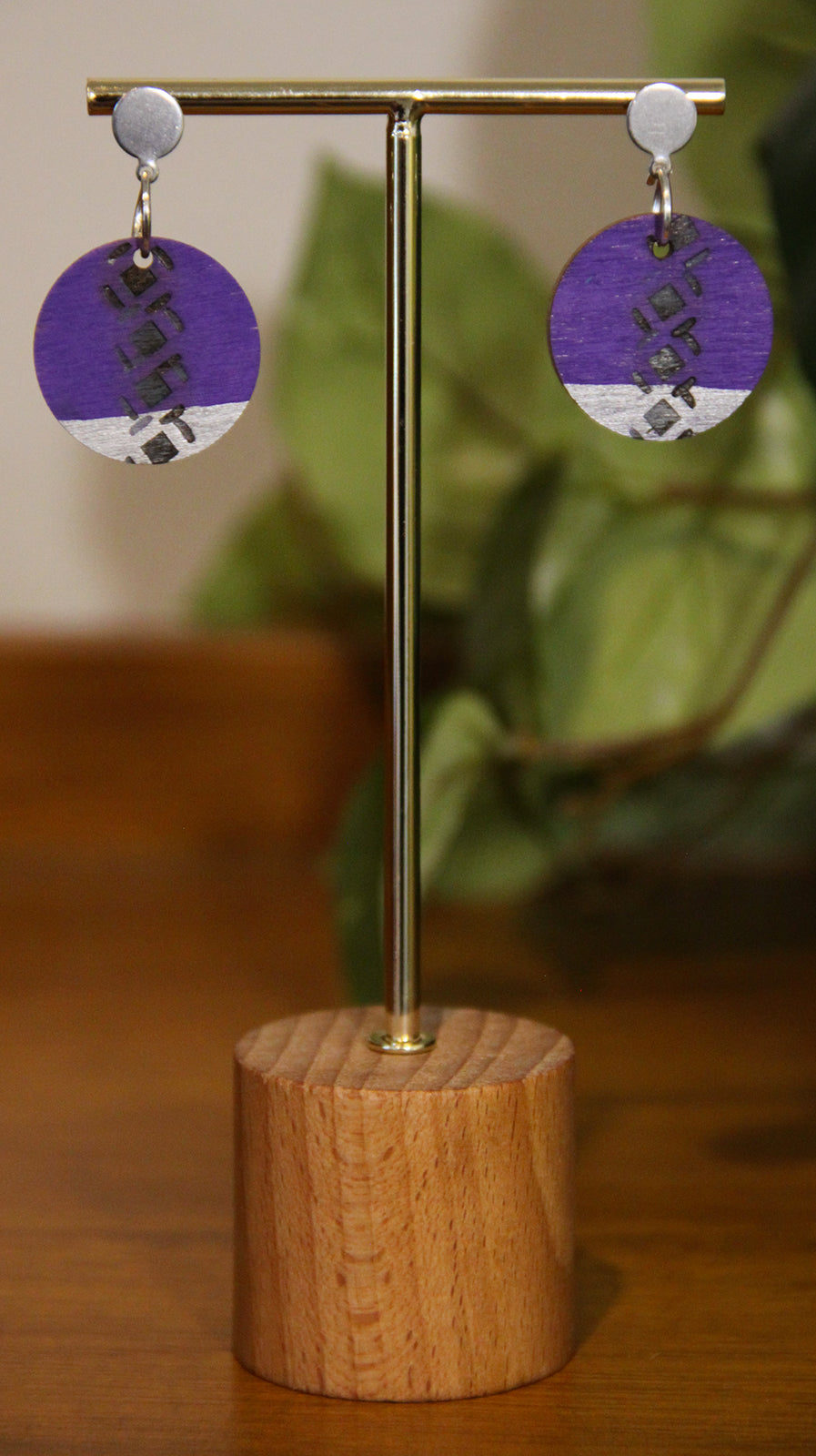 Purple and Silver Burnt Geometric Circular Earrings