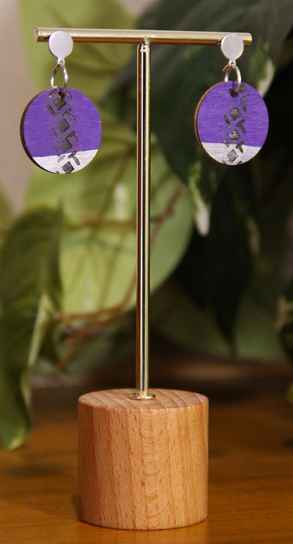 Purple and Silver Burnt Geometric Circular Earrings