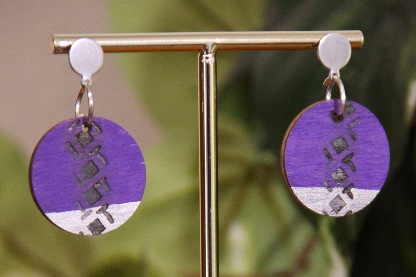 Purple and Silver Burnt Geometric Circular Earrings