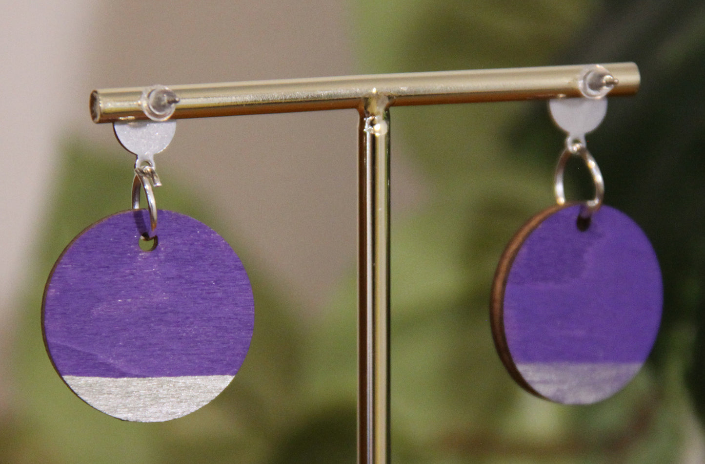 Purple and Silver Burnt Geometric Circular Earrings
