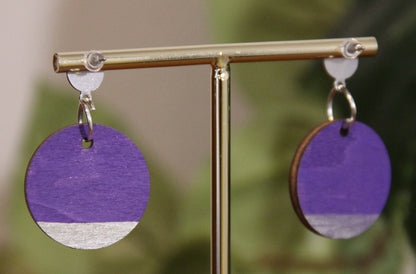 Purple and Silver Burnt Geometric Circular Earrings