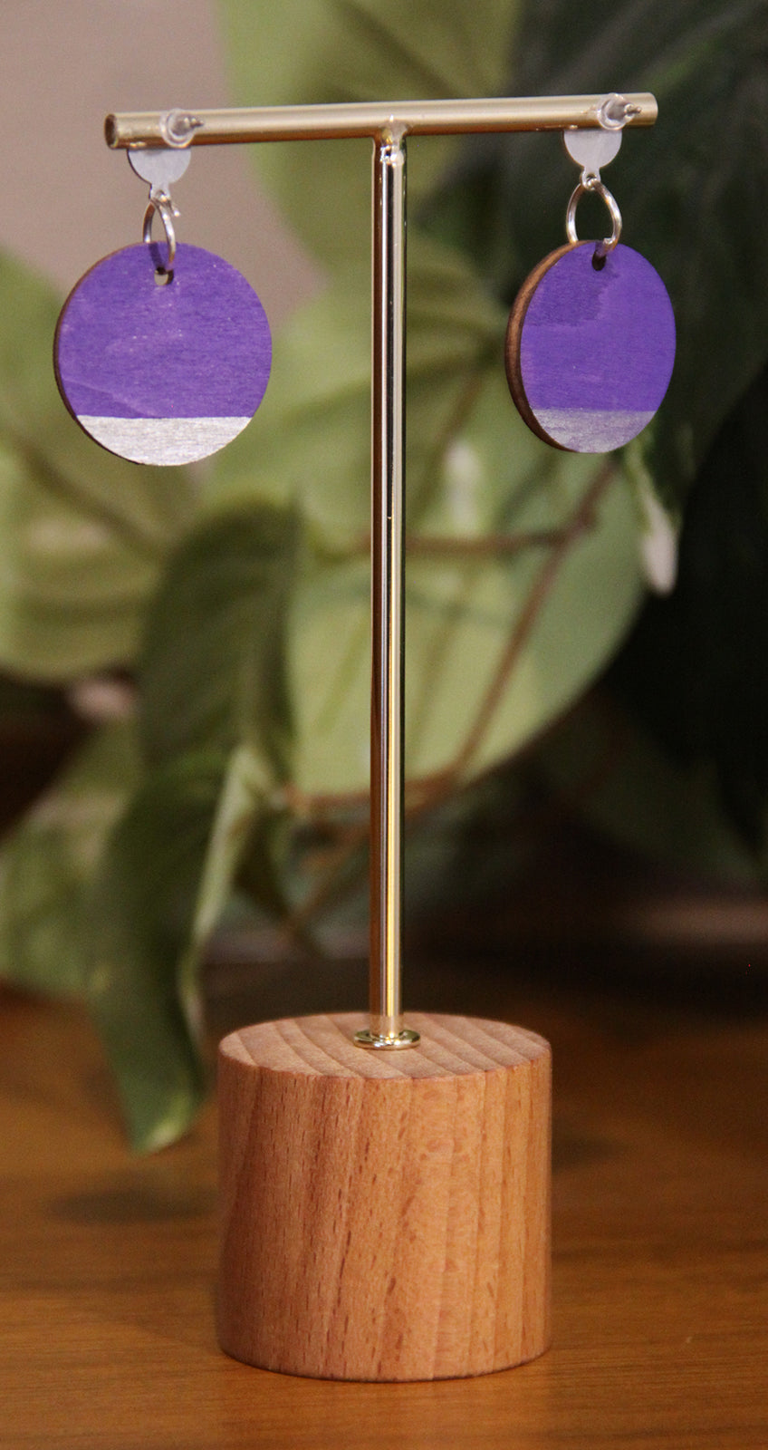 Purple and Silver Burnt Geometric Circular Earrings