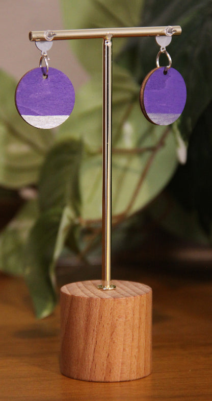 Purple and Silver Burnt Geometric Circular Earrings