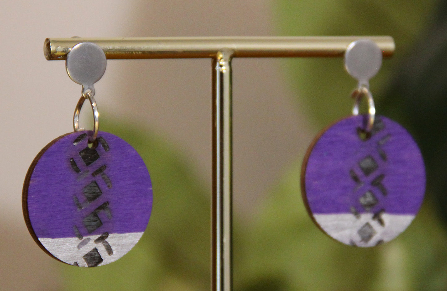 Purple and Silver Burnt Geometric Circular Earrings