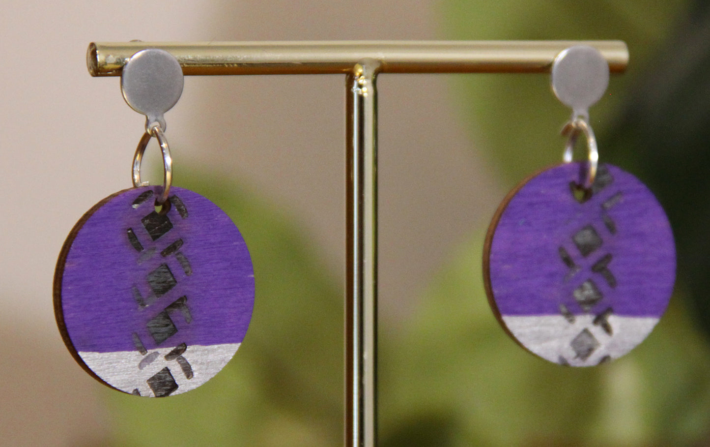 Purple and Silver Burnt Geometric Circular Earrings