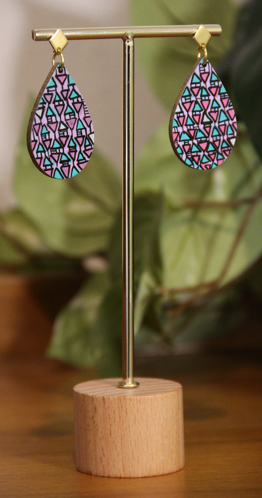 Lilac, Pink and Cyan Geometrical Design Small Teardrop Earrings
