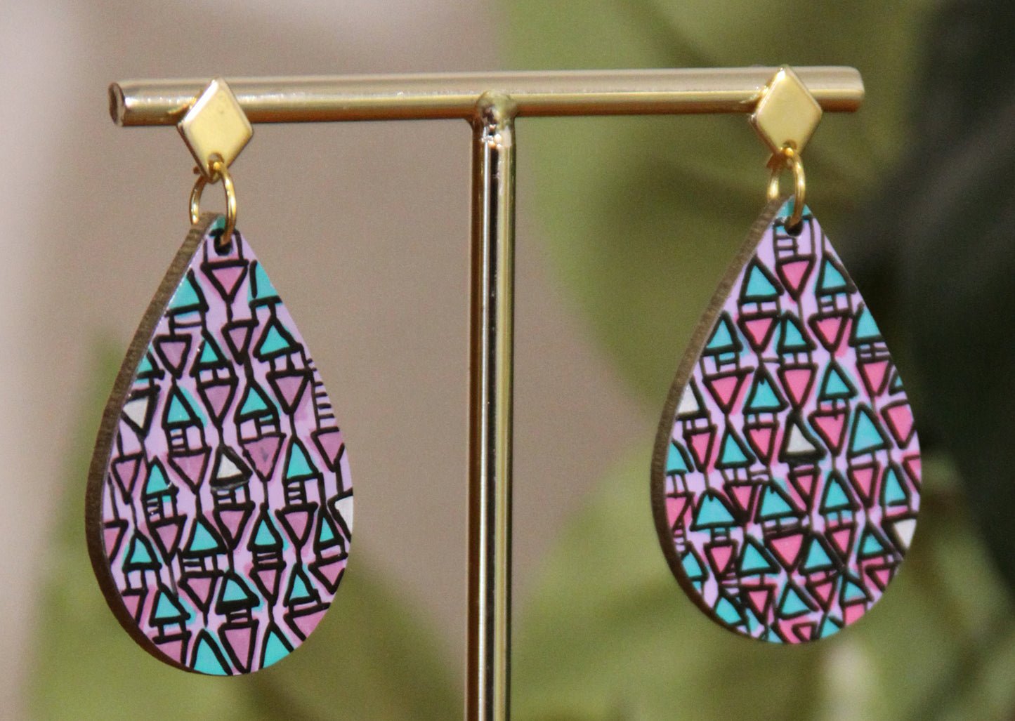 Lilac, Pink and Cyan Geometrical Design Small Teardrop Earrings