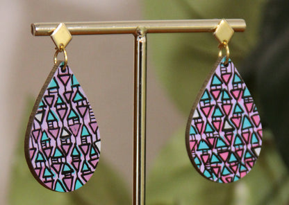Lilac, Pink and Cyan Geometrical Design Small Teardrop Earrings