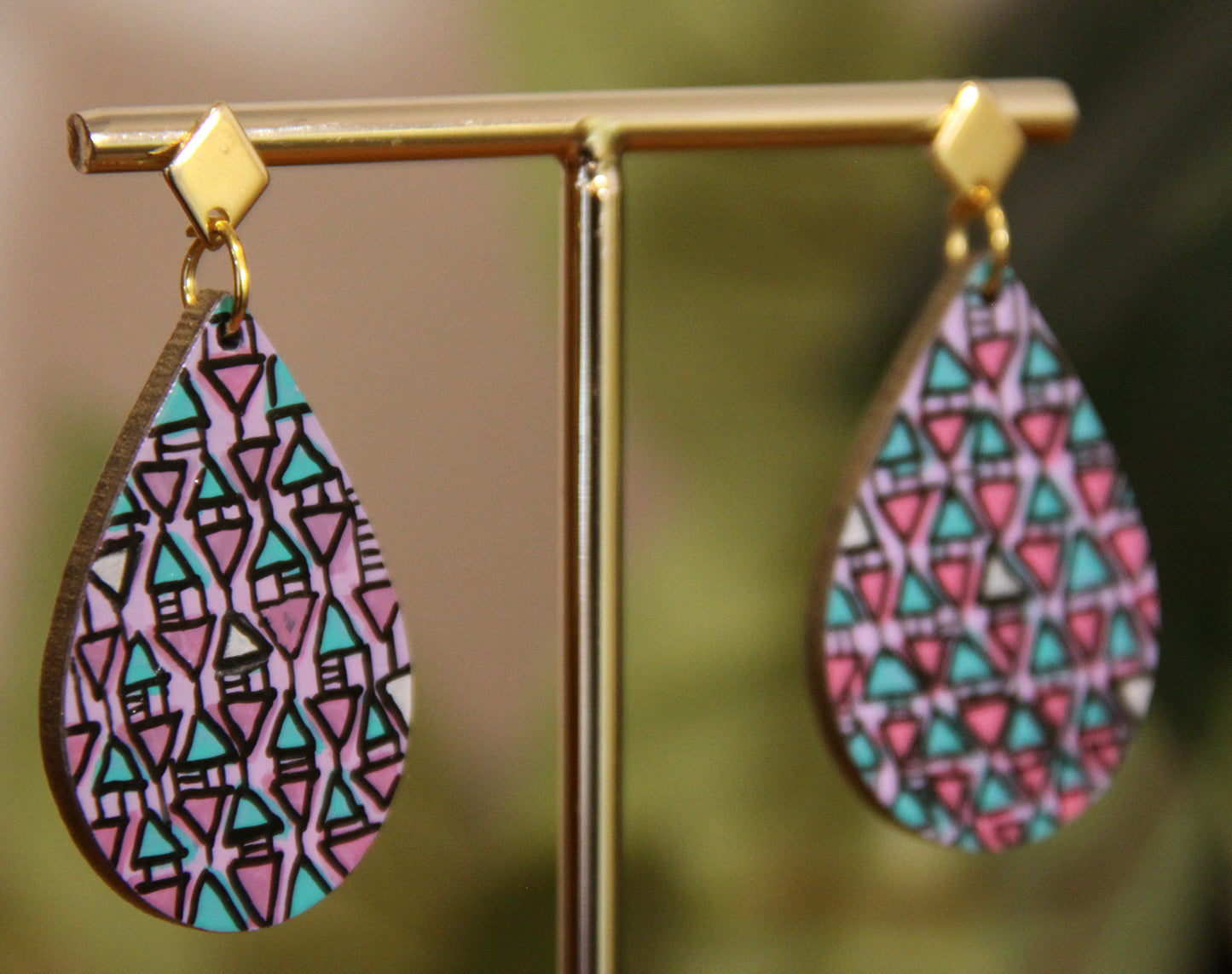 Lilac, Pink and Cyan Geometrical Design Small Teardrop Earrings