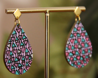 Lilac, Pink and Cyan Geometrical Design Small Teardrop Earrings