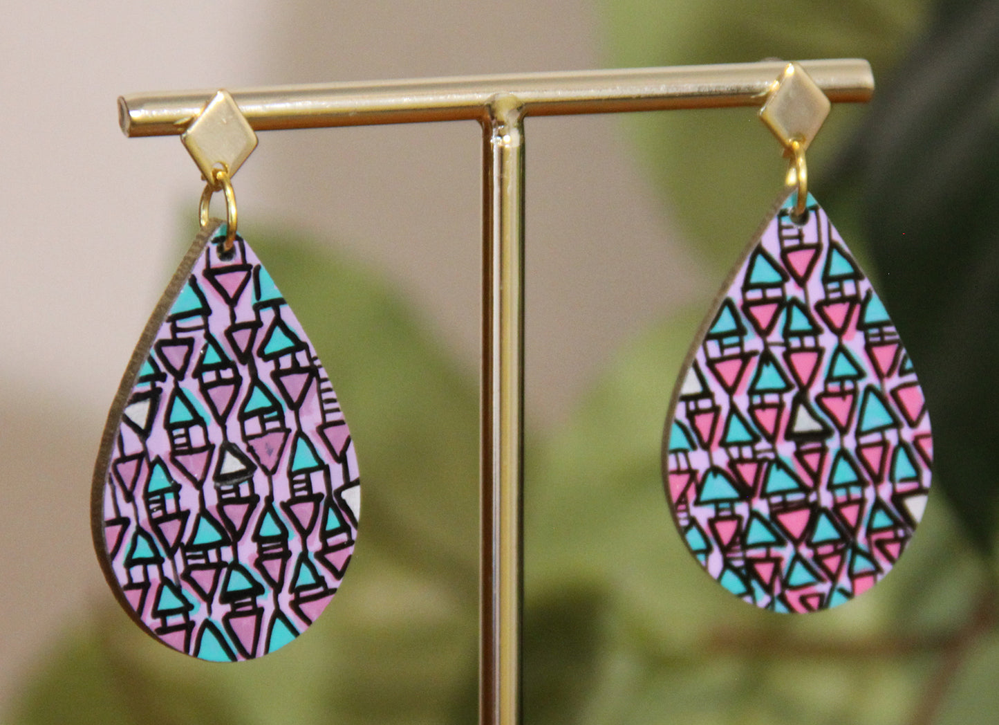 Lilac, Pink and Cyan Geometrical Design Small Teardrop Earrings