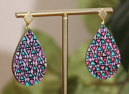 Lilac, Pink and Cyan Geometrical Design Small Teardrop Earrings
