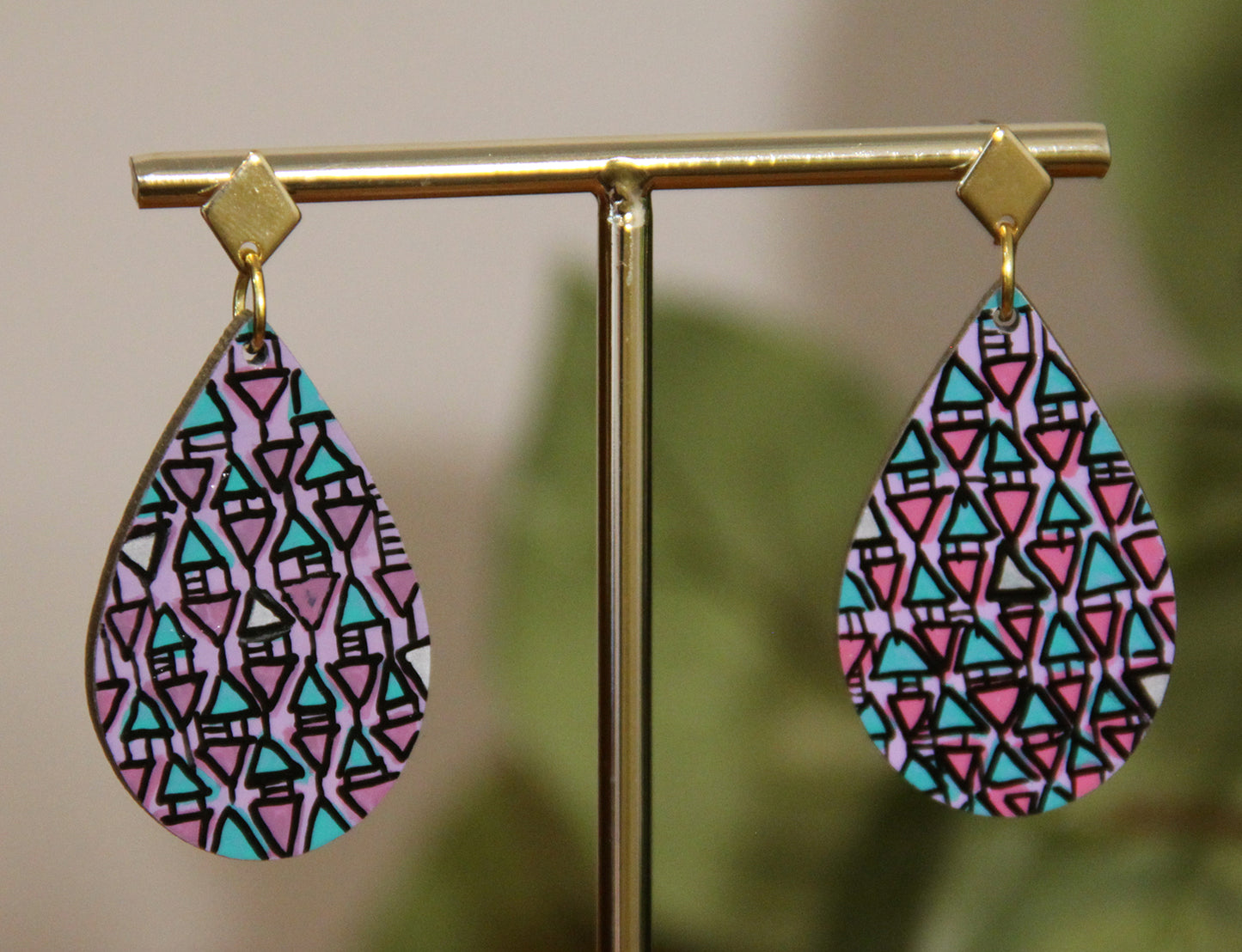 Lilac, Pink and Cyan Geometrical Design Small Teardrop Earrings