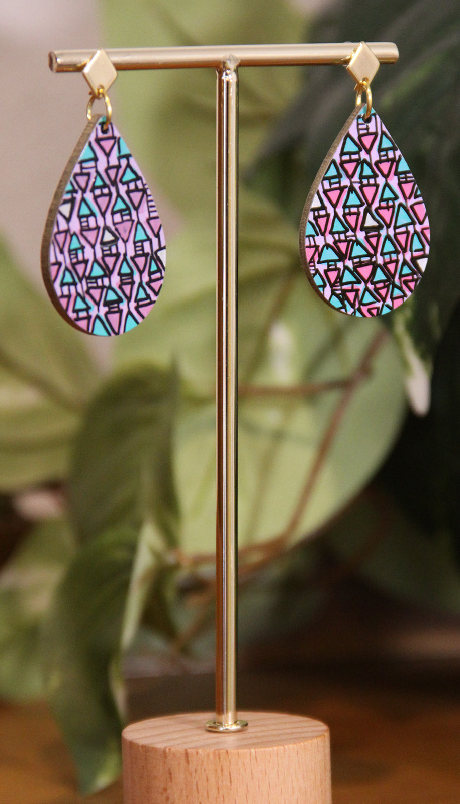 Lilac, Pink and Cyan Geometrical Design Small Teardrop Earrings