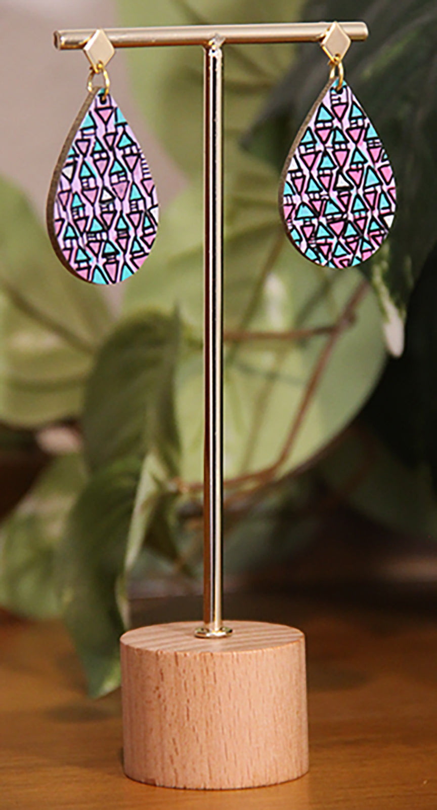 Lilac, Pink and Cyan Geometrical Design Small Teardrop Earrings