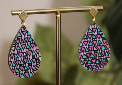 Lilac, Pink and Cyan Geometrical Design Small Teardrop Earrings