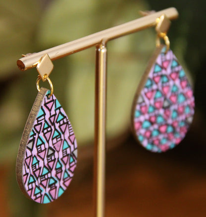 Lilac, Pink and Cyan Geometrical Design Small Teardrop Earrings