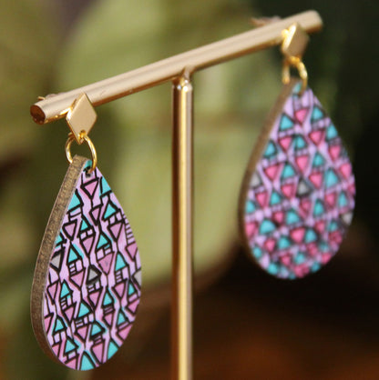Lilac, Pink and Cyan Geometrical Design Small Teardrop Earrings