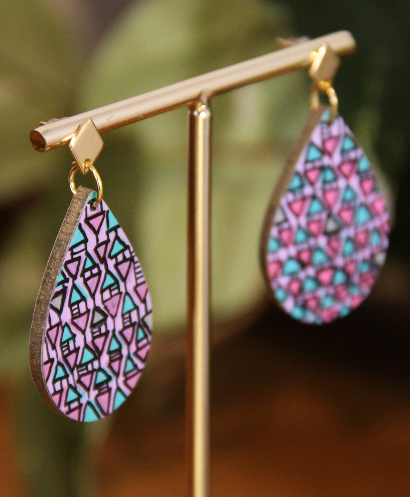 Lilac, Pink and Cyan Geometrical Design Small Teardrop Earrings