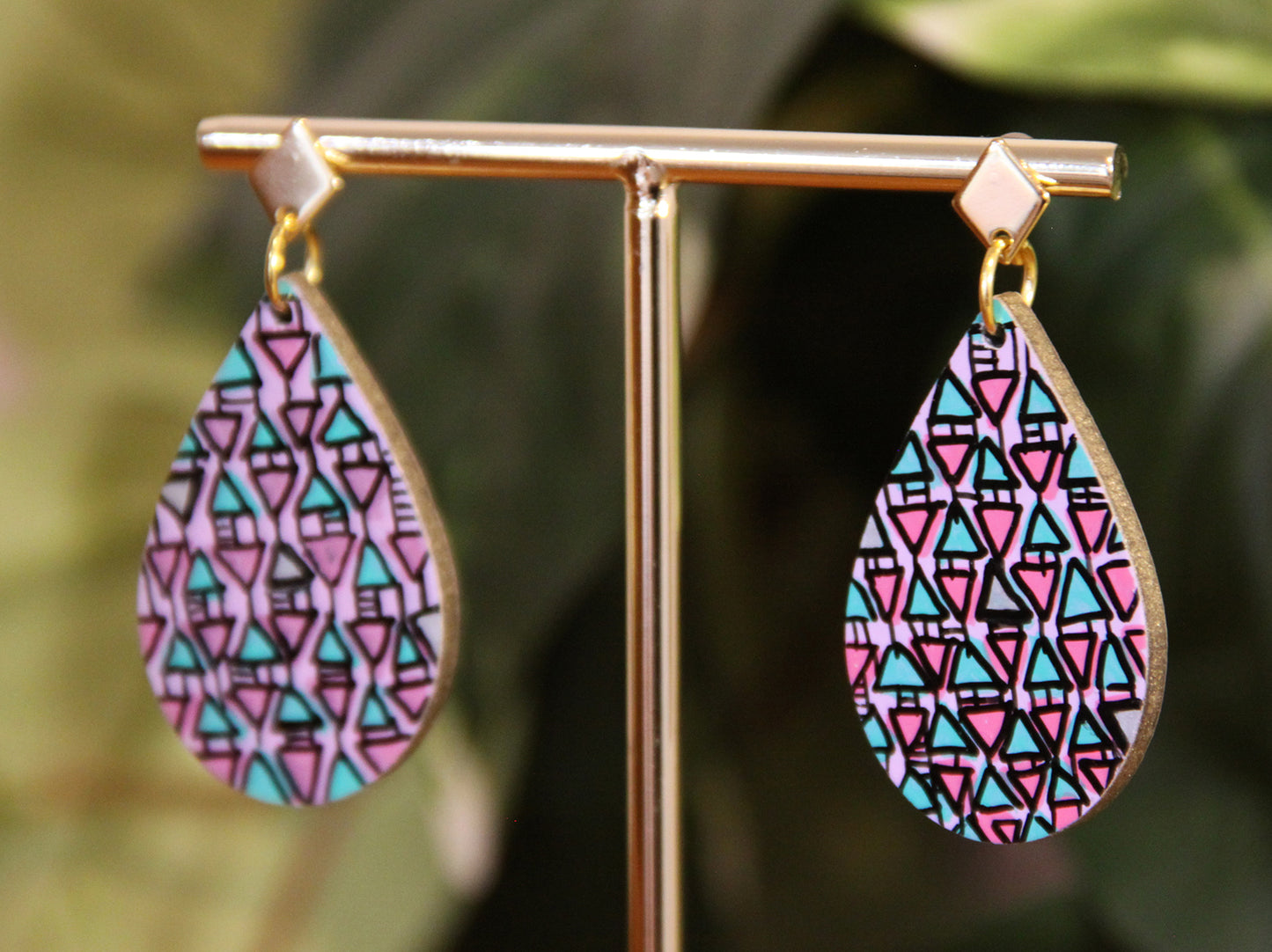 Lilac, Pink and Cyan Geometrical Design Small Teardrop Earrings