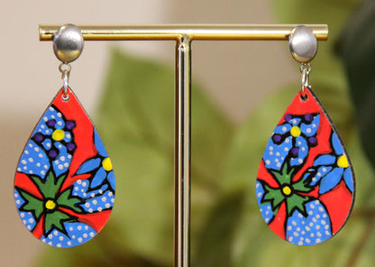 Red and Blue Floral Design Small Teardrop Earrings