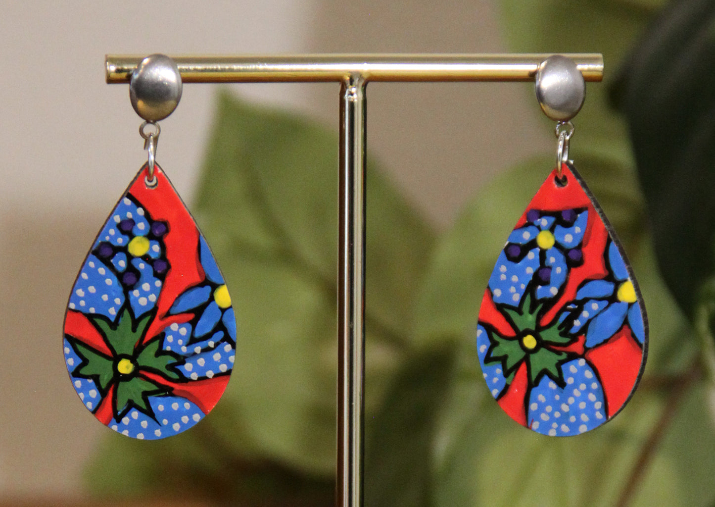 Red and Blue Floral Design Small Teardrop Earrings