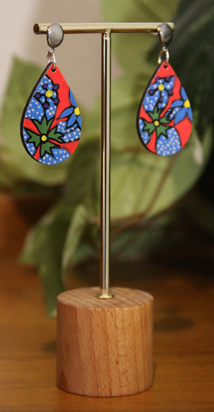 Red and Blue Floral Design Small Teardrop Earrings