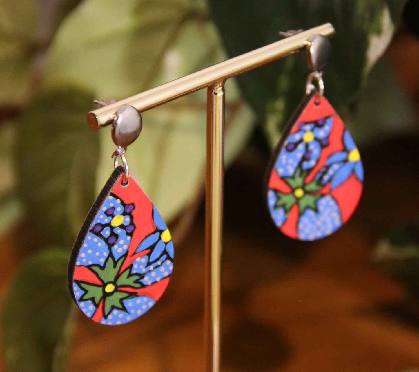Red and Blue Floral Design Small Teardrop Earrings
