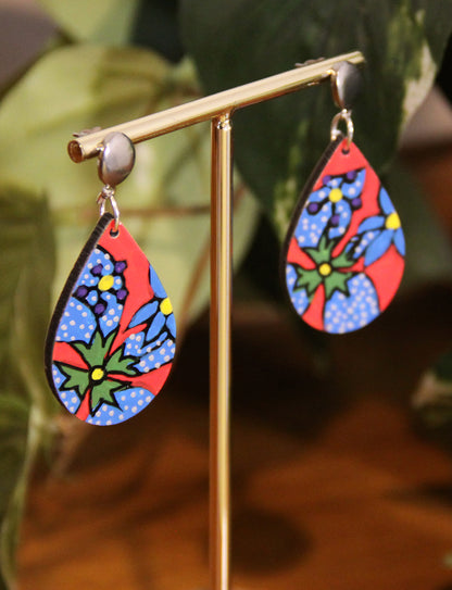 Red and Blue Floral Design Small Teardrop Earrings