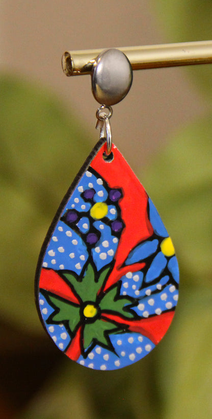 Red and Blue Floral Design Small Teardrop Earrings