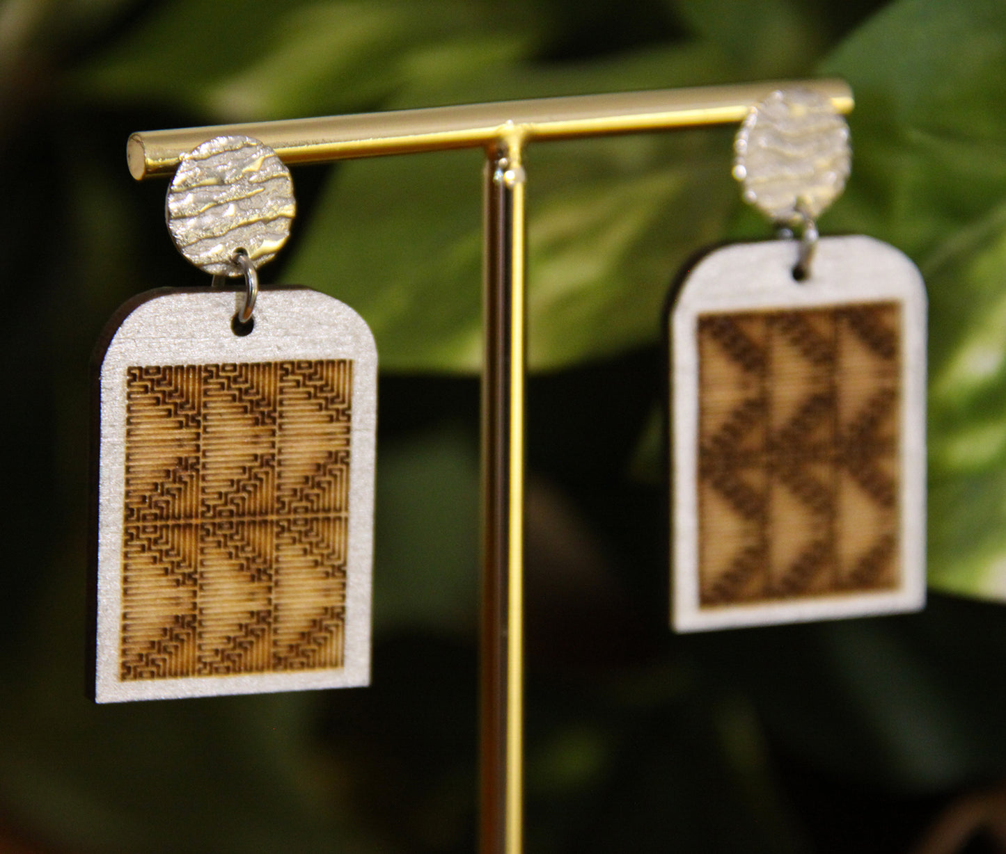 Burnt Wood Silver Rectangular Earrings