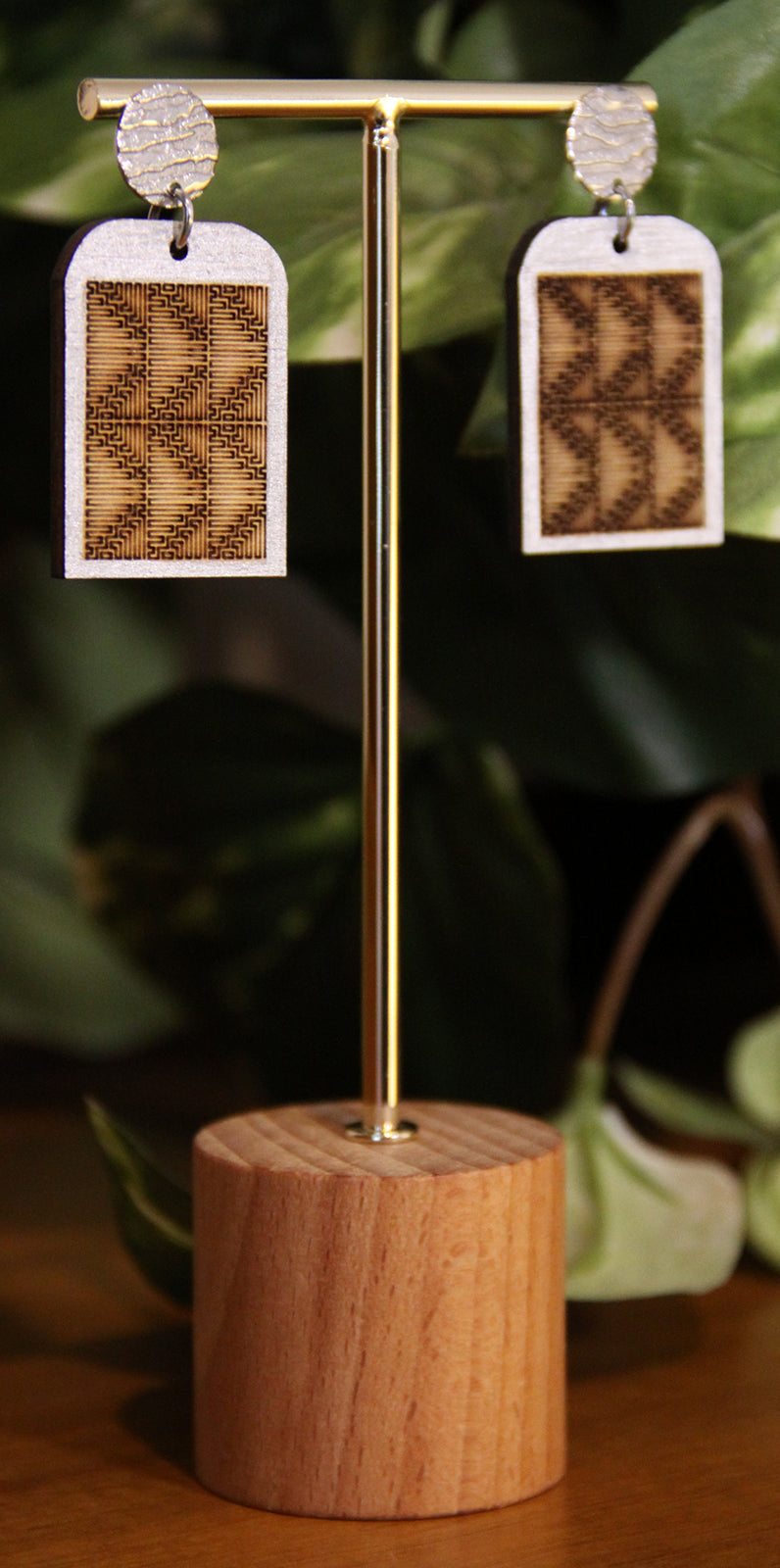 Burnt Wood Silver Rectangular Earrings
