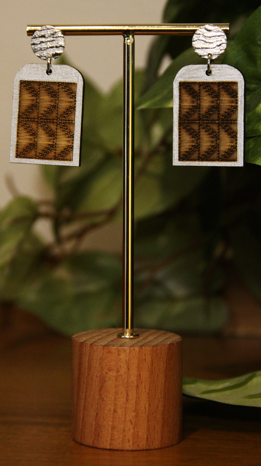 Burnt Wood Silver Rectangular Earrings