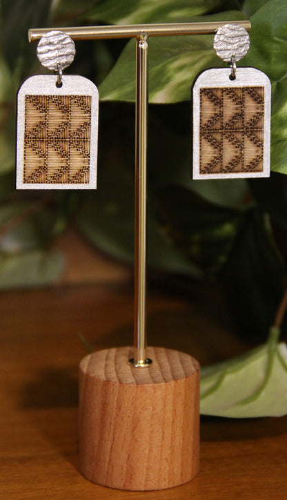 Burnt Wood Silver Rectangular Earrings