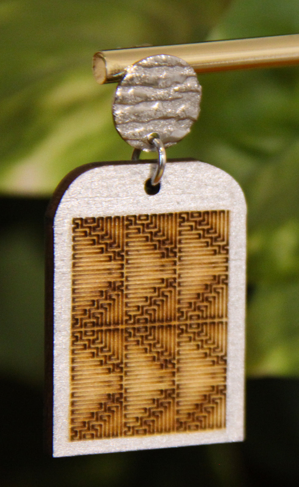 Burnt Wood Silver Rectangular Earrings