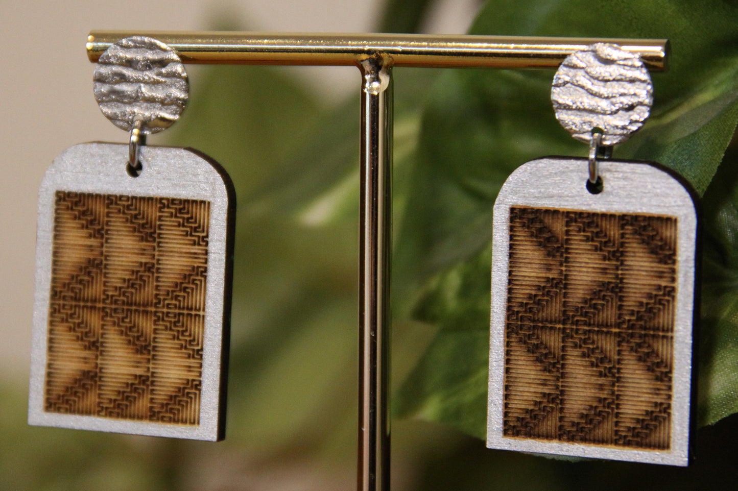Burnt Wood Silver Rectangular Earrings
