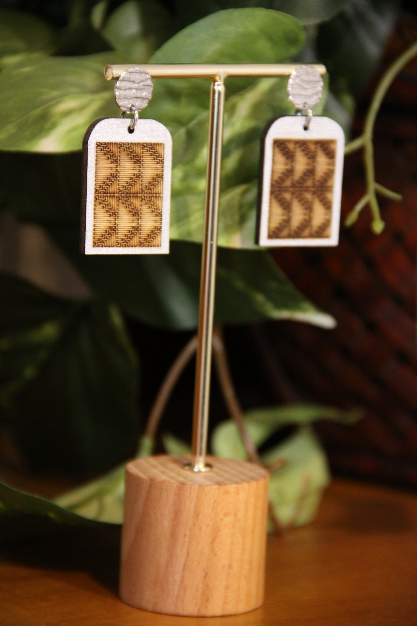 Burnt Wood Silver Rectangular Earrings