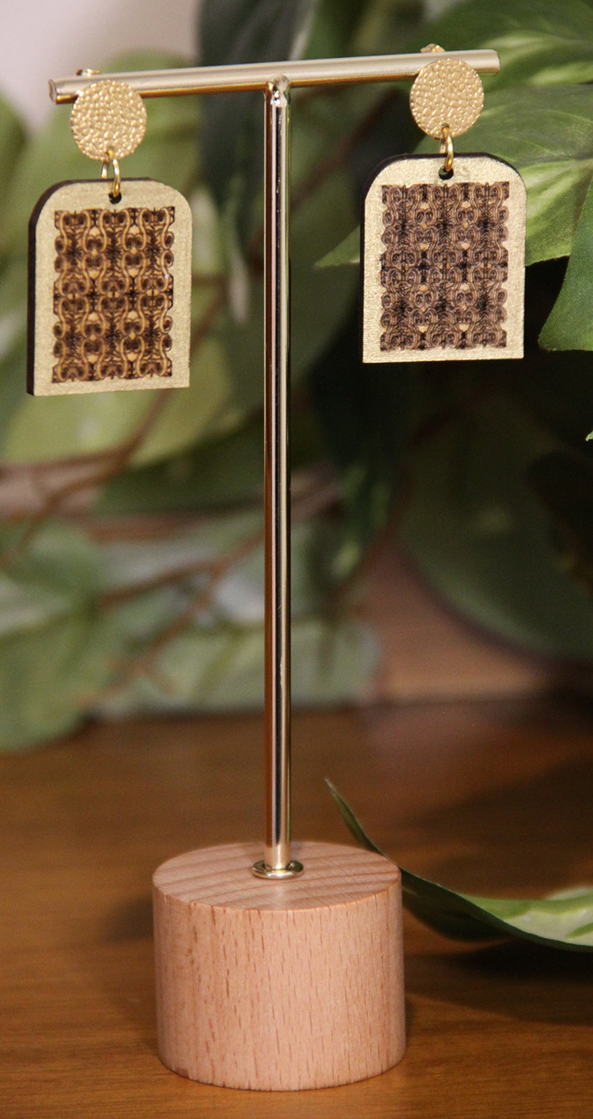 Burnt Wood Gold Rectangular Earrings