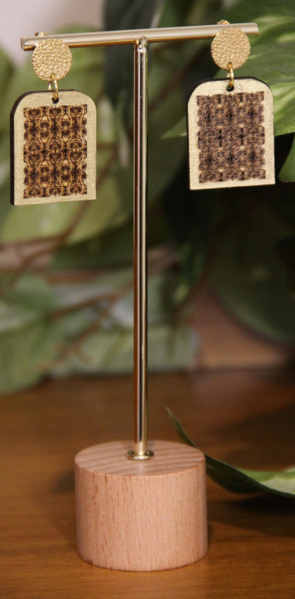 Burnt Wood Gold Rectangular Earrings
