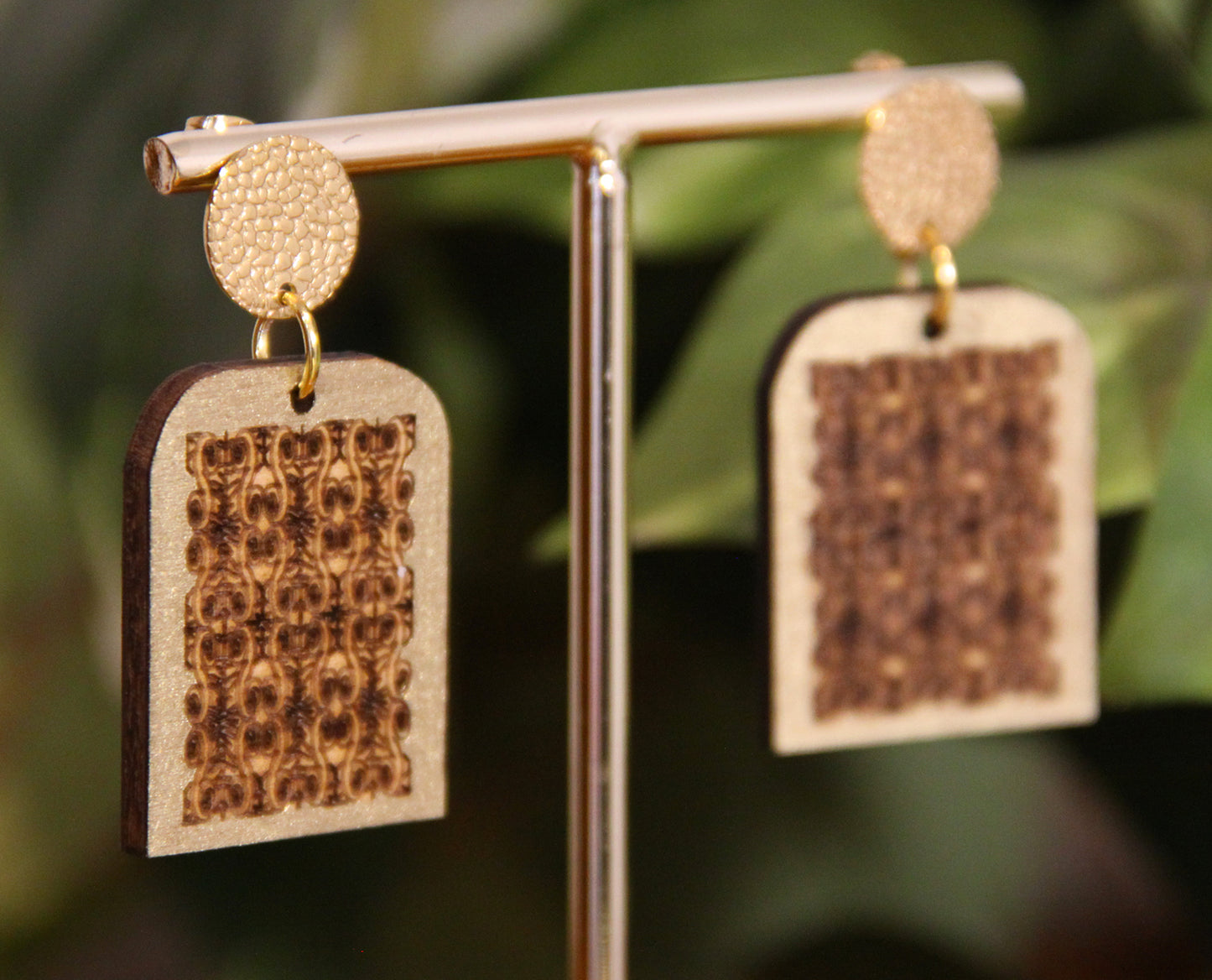 Burnt Wood Gold Rectangular Earrings