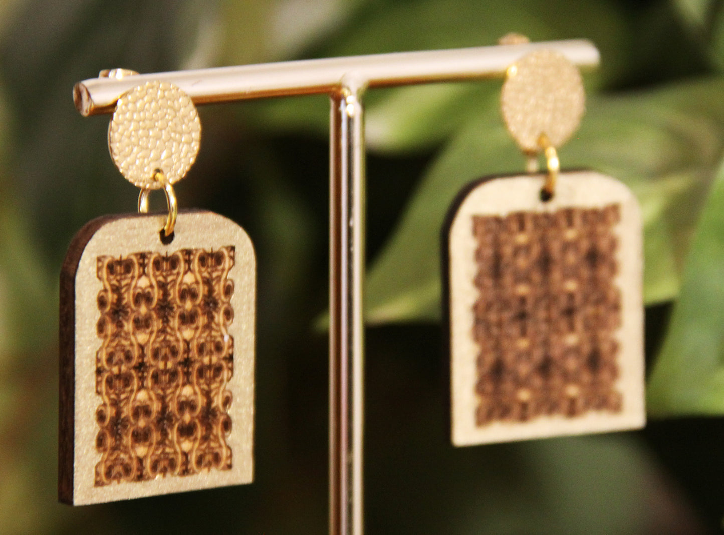Burnt Wood Gold Rectangular Earrings