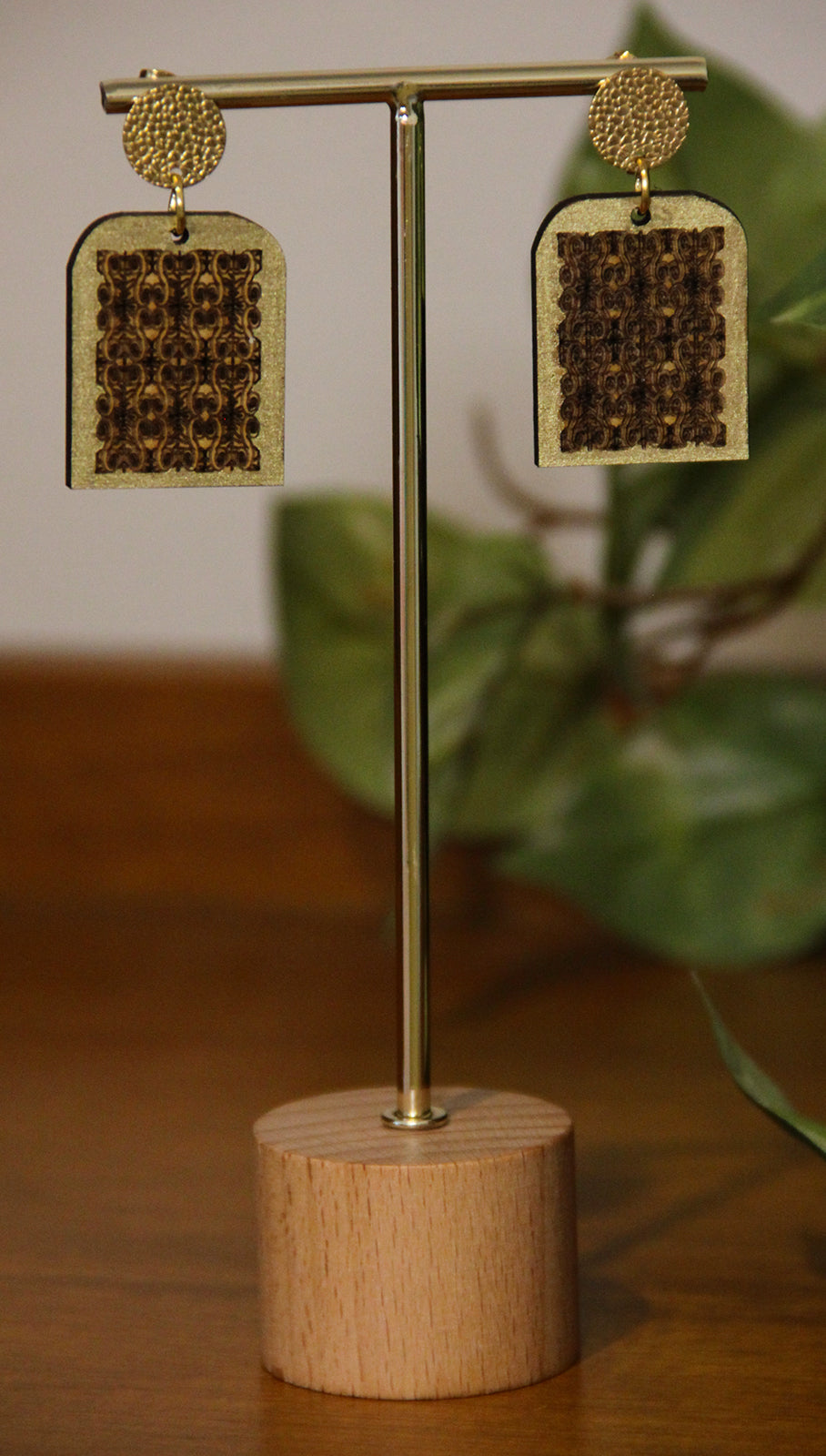 Burnt Wood Gold Rectangular Earrings