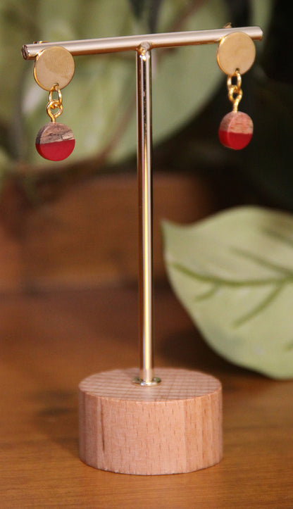 Small Crimson Red Resin Wood Earrings