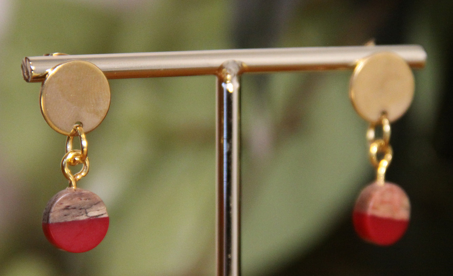 Small Crimson Red Resin Wood Earrings