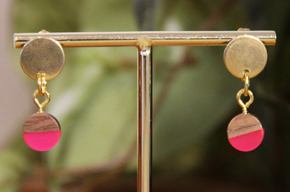 Small Bright Pink Resin Wood Earrings